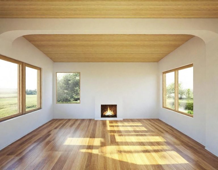 Home Painting Bright, modern room with wooden flooring, large windows, and a central fireplace.