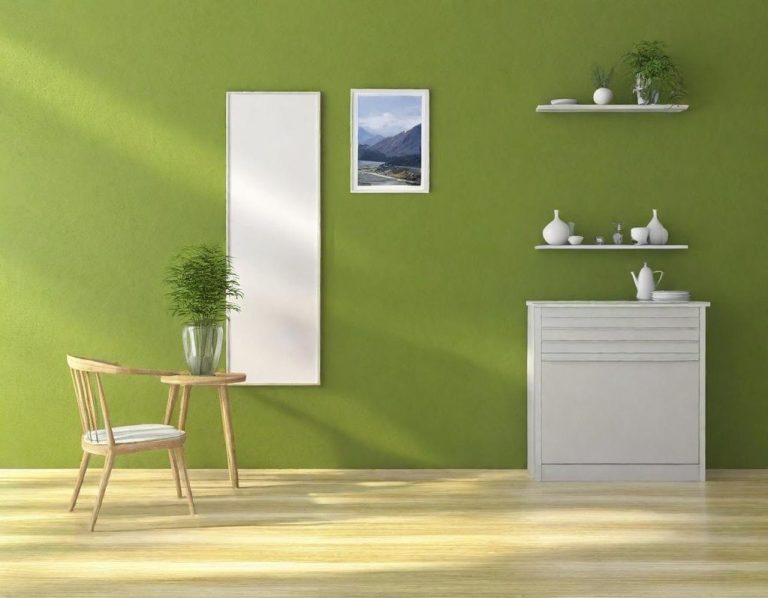 Paint for Rentals A minimalist room with a green wall, wooden chair, table, and white shelves.