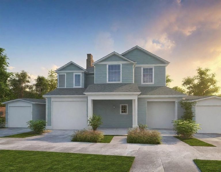Exterior Paint A light blue two-storey house with a garage, surrounded by greenery and a clear sky.