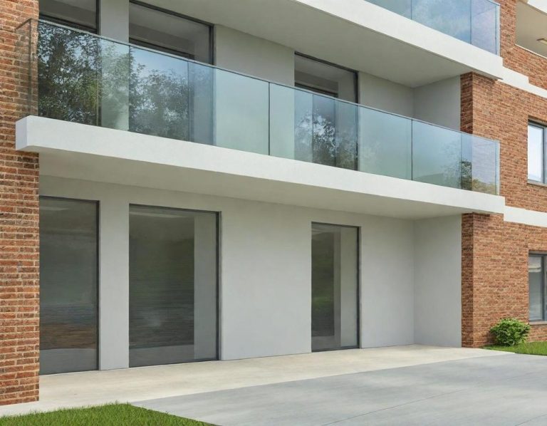 Outdoor Paint Modern building facade with large glass balcony and minimalist design.
