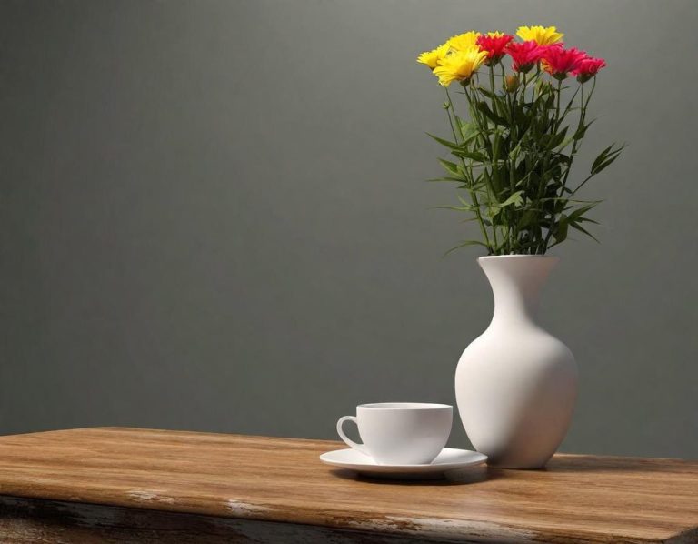 Quality Paint White vase with yellow and red flowers beside a coffee cup on a wooden table.